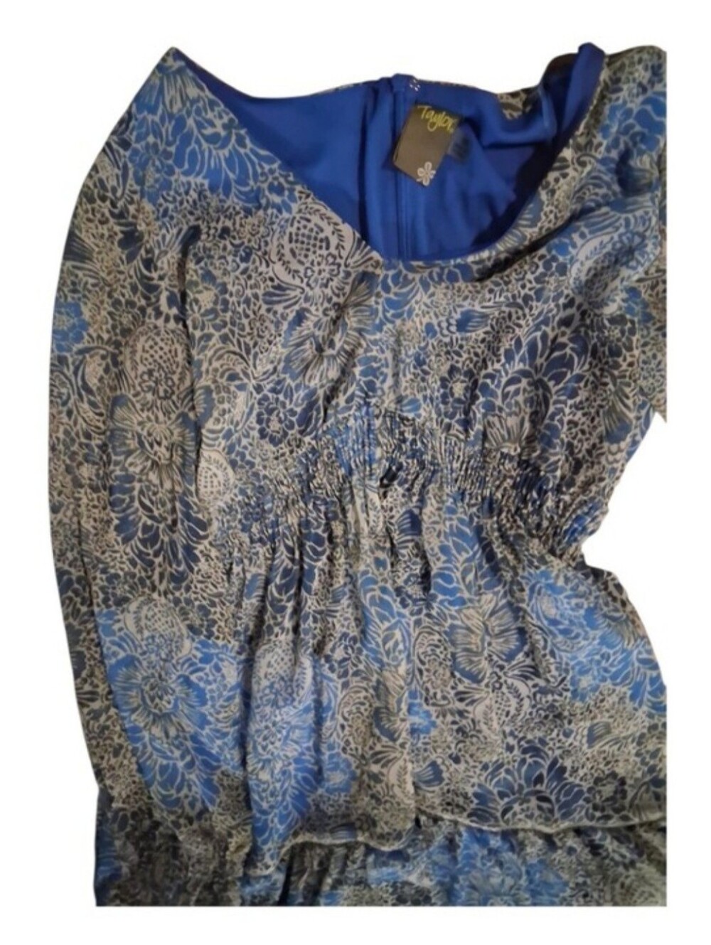 Taylor Blue Paisley V-Neck Long Sleeve Tiered Midi Dress